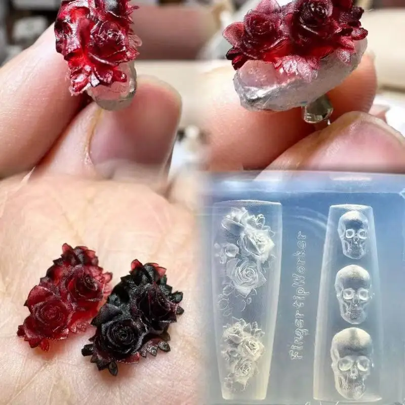 Nail Art Molds Rose Flower Skull Silicone Diy Skeleton Hand Design Transparent Carving Mold Decorations