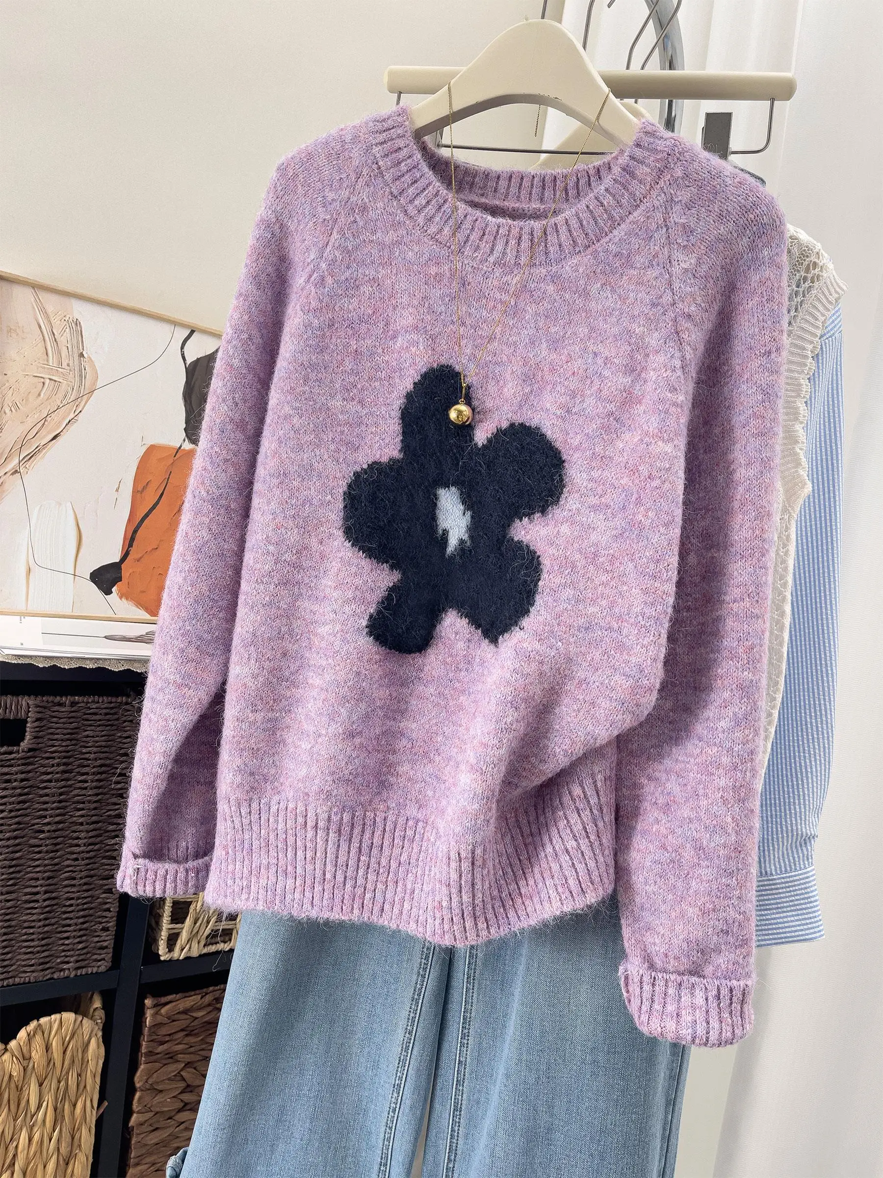 الأزهار متماسكة سترة Jaet المرأة أوائل الخريف جديد Sle الكورية Aosphere أعلى الخريف الشتاء فضفاضة تناسب طويلة Sve جولة Ne #2