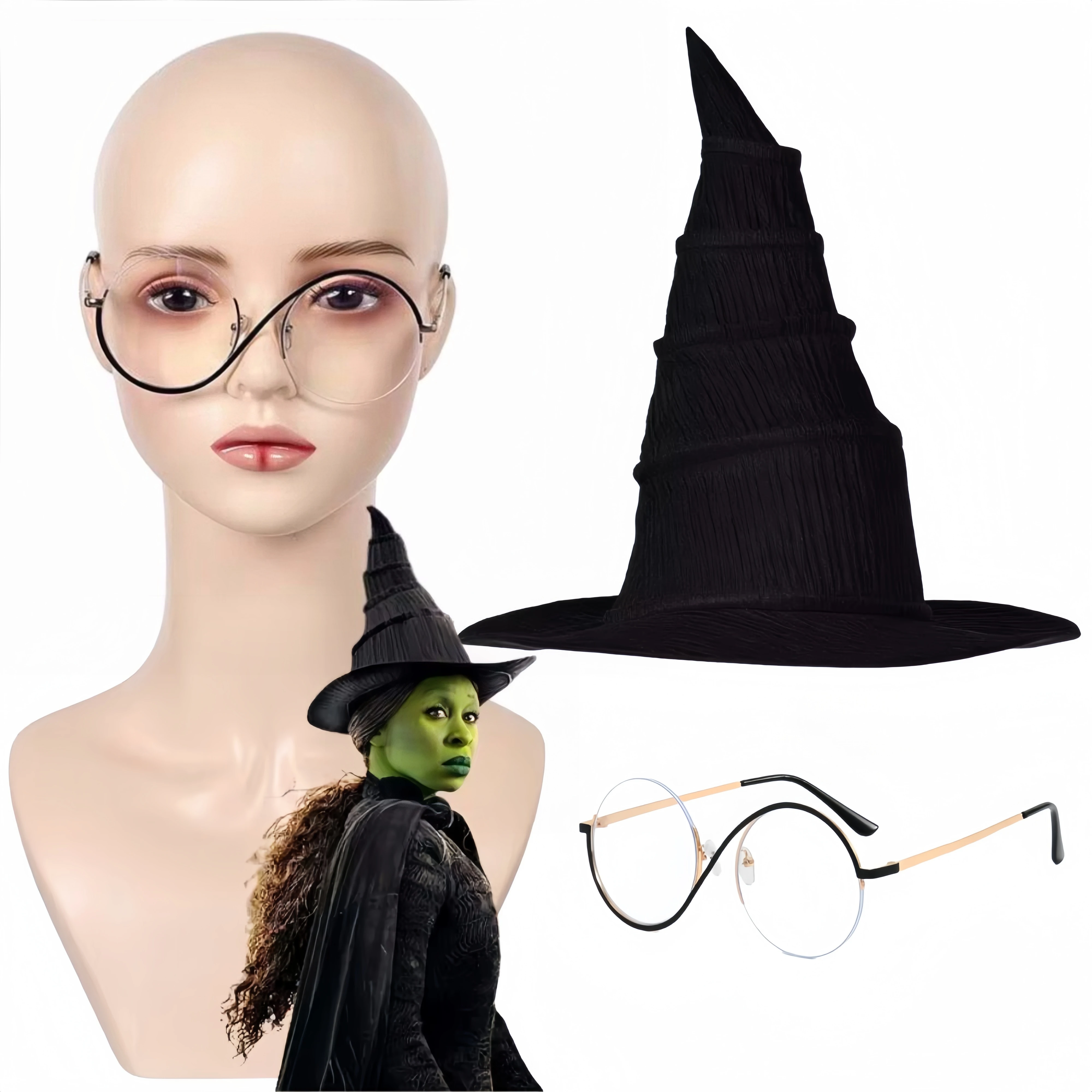 

Wicked Elphaba Cosplay Hat Glasses Eyewear Fantasia Costume Disguise for Women Roleplay Halloween Carnival Accessories Props