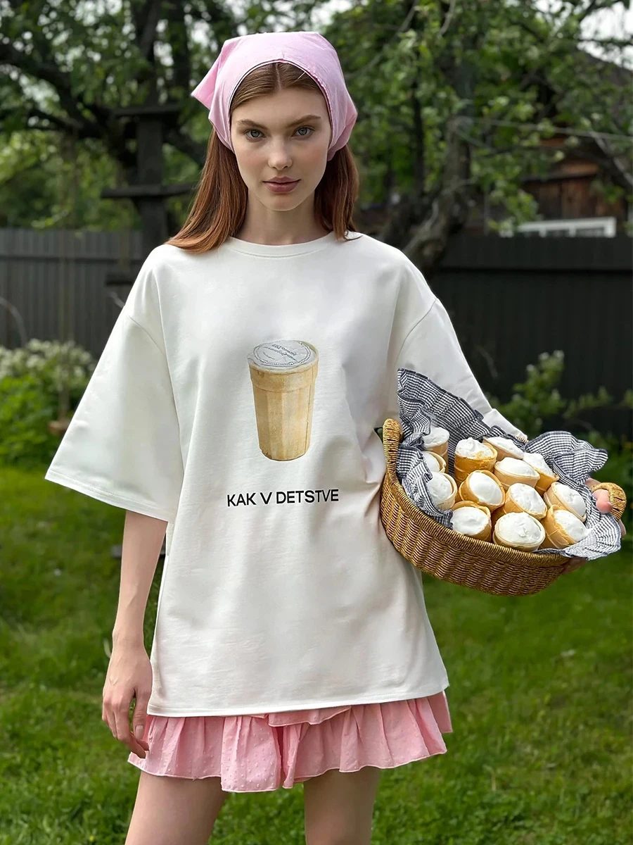 Sunuyoo Summer New Printed T-Shirt 100% Cotton Women's Fashionable O-Neck Loose Short Sleeved Female Casual Cute Top