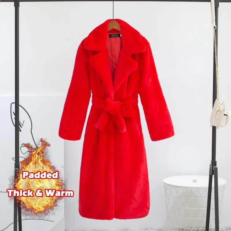 Women Winter Warm Faux Fur Coat Thick Women Long Coat Turn Down Collar Women Warm Coat With Belt Casaco Feminino