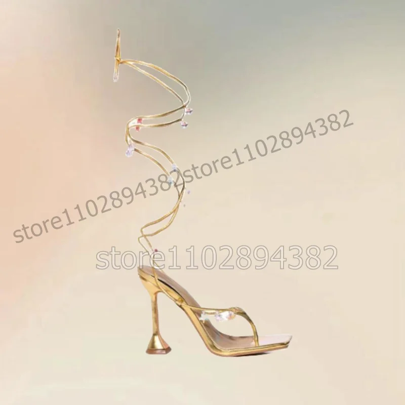 Crystal Star Design Gold Flip Flop Twine Sandals Lace Up Women Shoes Strange Style Heels Fashion Party 2023 Zapatos Para Mujere