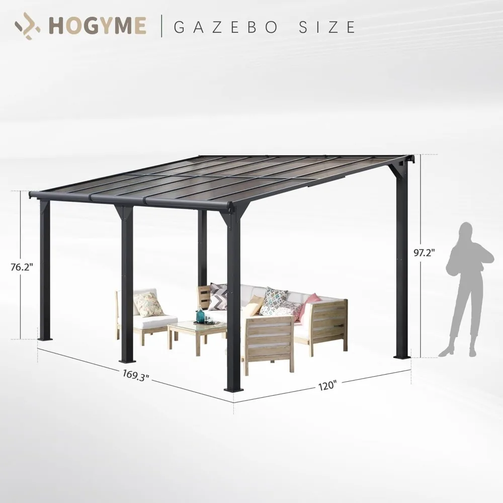 Gazebo de 10x14 pés, parte superior dura magro para gazebo, toldos fixados na parede para pátio, deck, gramado e quintal, gazebos ao ar livre