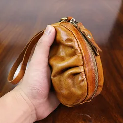 Cow Leather Mini Vintage Purse Coin Purse Card Bag Key Bag Zipper Change Purse Personality Wrinkled Coin Purse for Men and Women