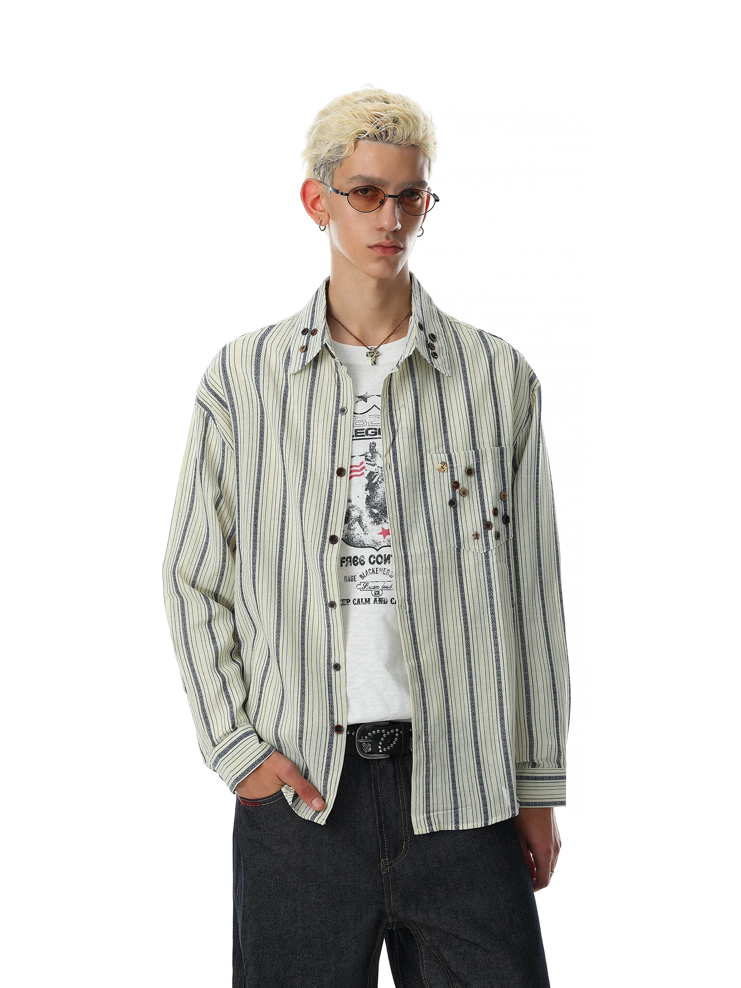 American Retro Striped Color Block Long Sleeve Men's Shirt Loose Fit Button Design Cotton Polyester Blend Comfortable Breathable