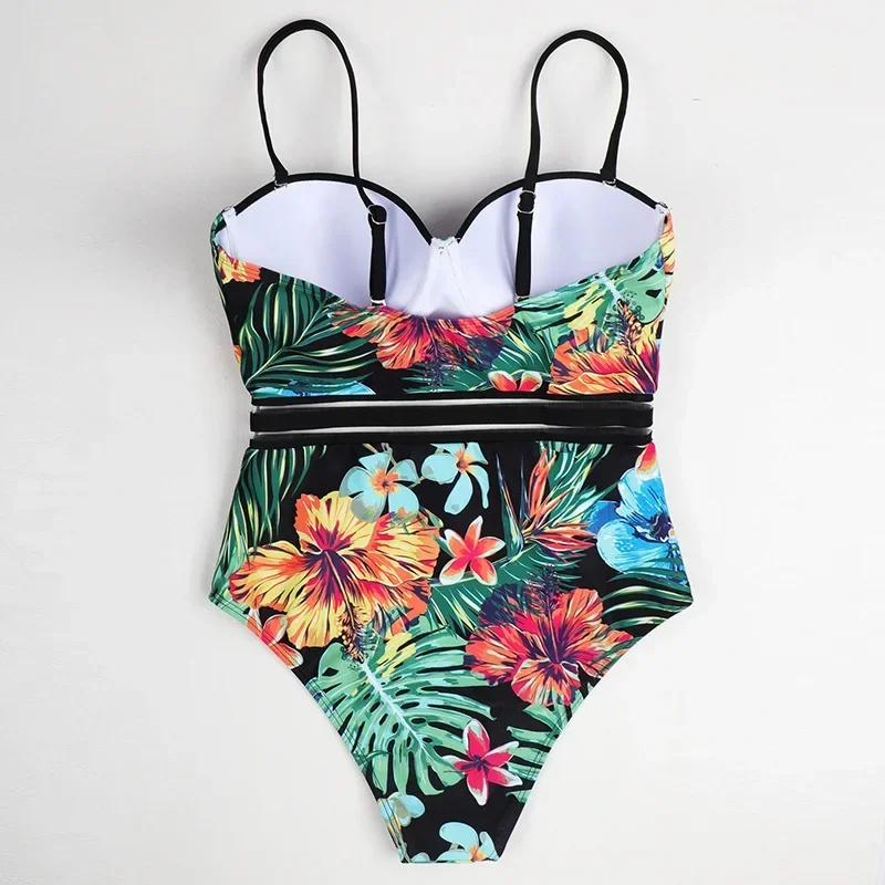 Green Print One Piece Swimsuit for Women Sexy Hard Cup Adjustable Shoulder Strap Bikini 2025 New Backless Summer Beach Swimwear view 4