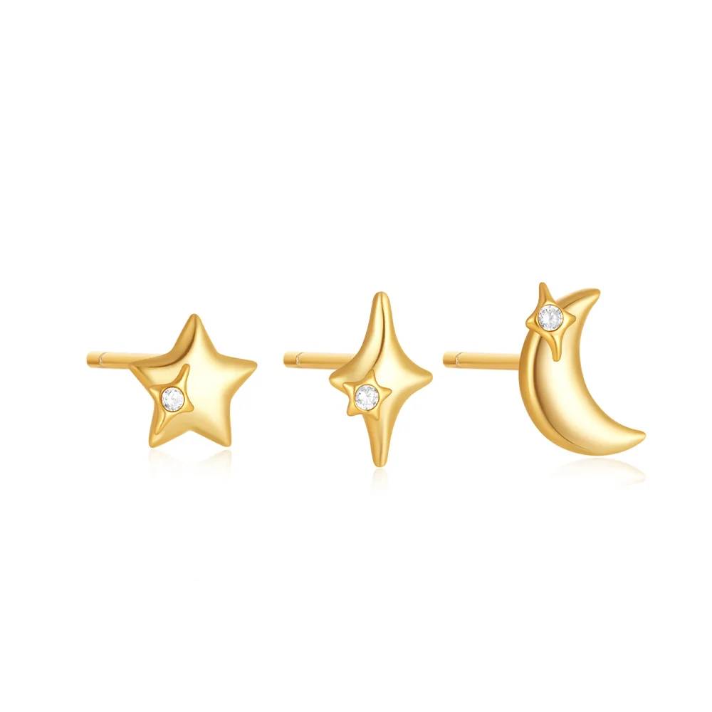 ROXI 925 Sterling Silver Four pointed star/Star/Moon 3 Pierce Earring Set Women Zircon inlay Stud Piercing Earring Party Jewelry