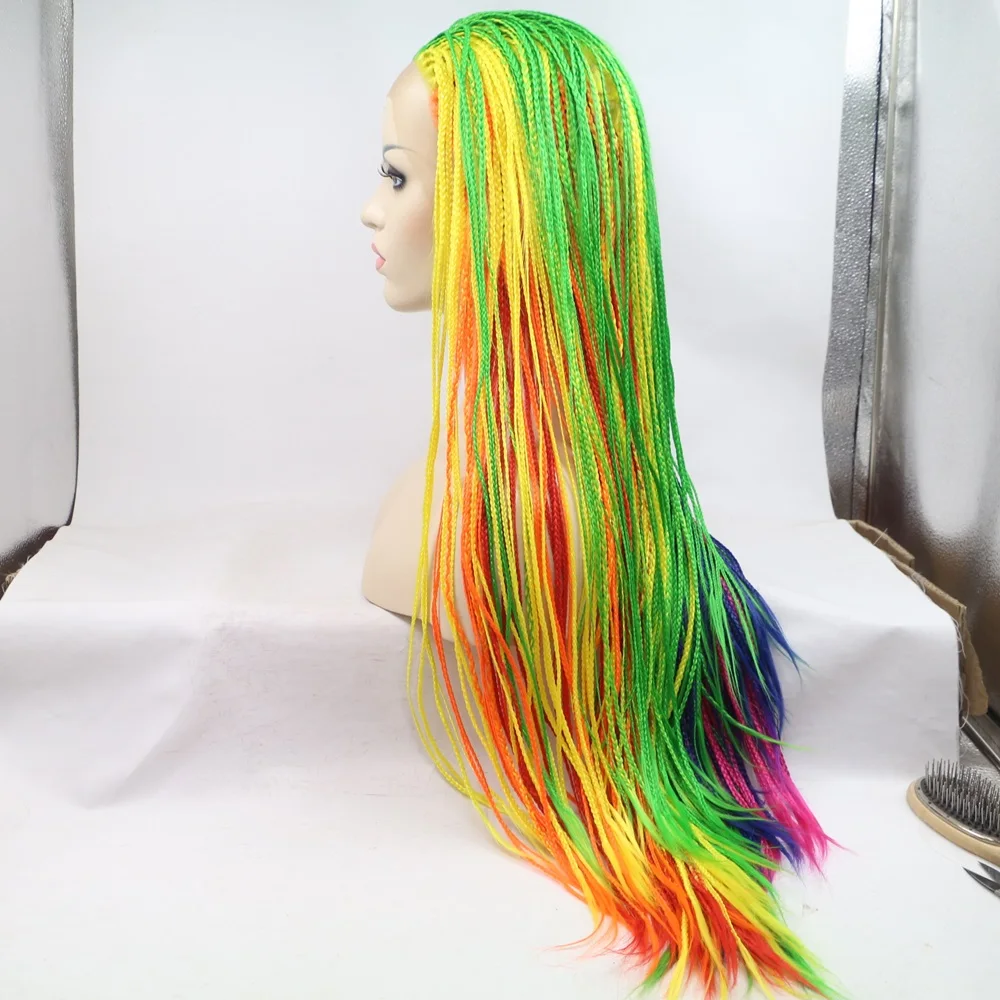 Peluca de pelo sintético con encaje frontal para mujer, Color arcoíris, amarillo, naranja, rojo, azul, verde, Azul, Morado, trenzas largas, resistente al calor