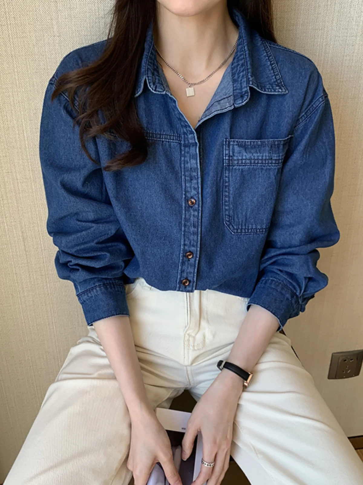 Vestibilità ampia lunga Sve Blue Denim irt Donna Autunno Inverno Abbigliamento interno vintage Casual Oversize Jaet Commute Sle