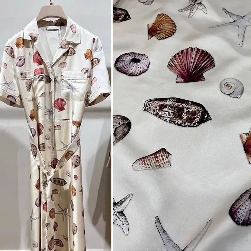 Europe And America Fashion Shell Starfish Printed Twill Silk Fabric For Women Dress Blouse Sleepwear Handmade DIY Cloth Sewing