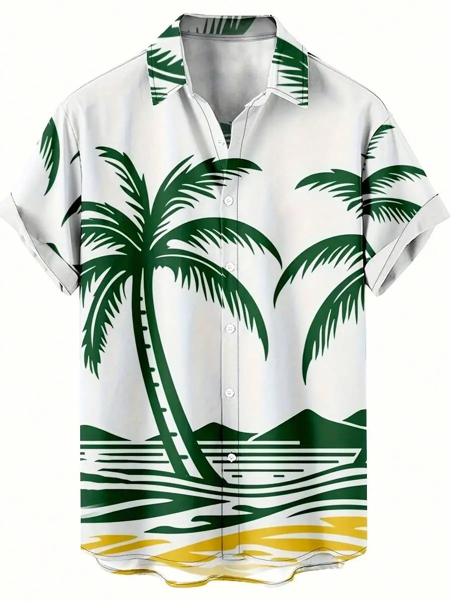 

Mens 3D Print Hawaiian Shirt With Palm Trees And Beach Pattern Casual Short Sleeve