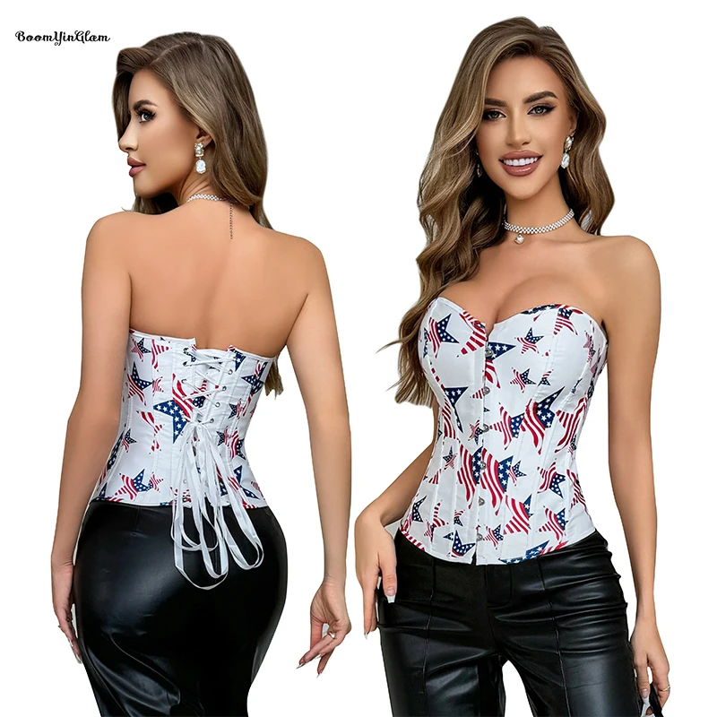 

14 Fish Bone Plus Size S-xxl 6 Brooches Of Chest Binder Bustier American Flag Print National Corset For Women