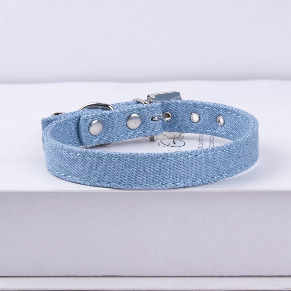 

Metal Buckle Denim Dog Collar Soft Leather with Bell Anti-lost Cat Necklace Quick Release Adjustable Puppy Neck Strap