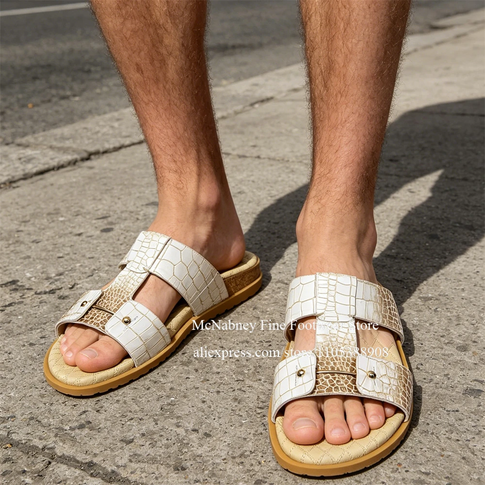 Black Crocodile Genuine Leather Pin Buckle Sandals Lace Tips Open Toe Slip on Flats Casual Summer Beach Vacation Daily Men Shoes