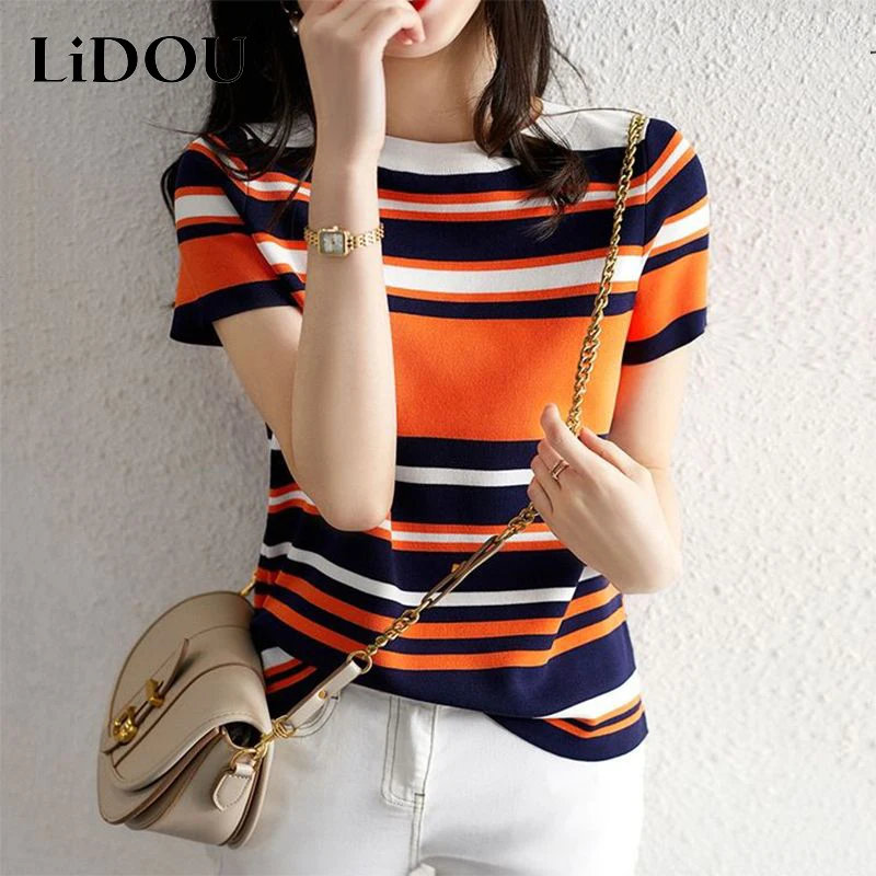 2023 Vintage Striped Patchwork Knitting Tee Ladies Slim All-match Short Sleeve Pullover Tops Women Casual Fashion Simple T-shirt