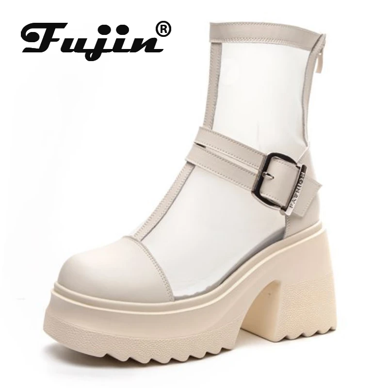 

Fujin 10cm Air Mesh Microfiber Leather Women High Brand Pumps Chunky Heels White ZIP Casual Ankle Boots Platform Wedge Shoes