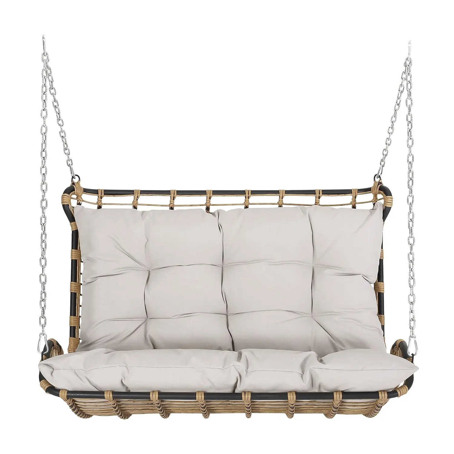 Outdoor Porch Swing Wicker Cushioned Light Brown Beige Patio Garden 2-Seater, Customized