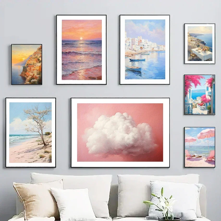 Minimalist Canvas Posters Beach Seaside Sunset Surfboard Hot Air Balloon Fashion Painting Wall Art Home Living Room Decor