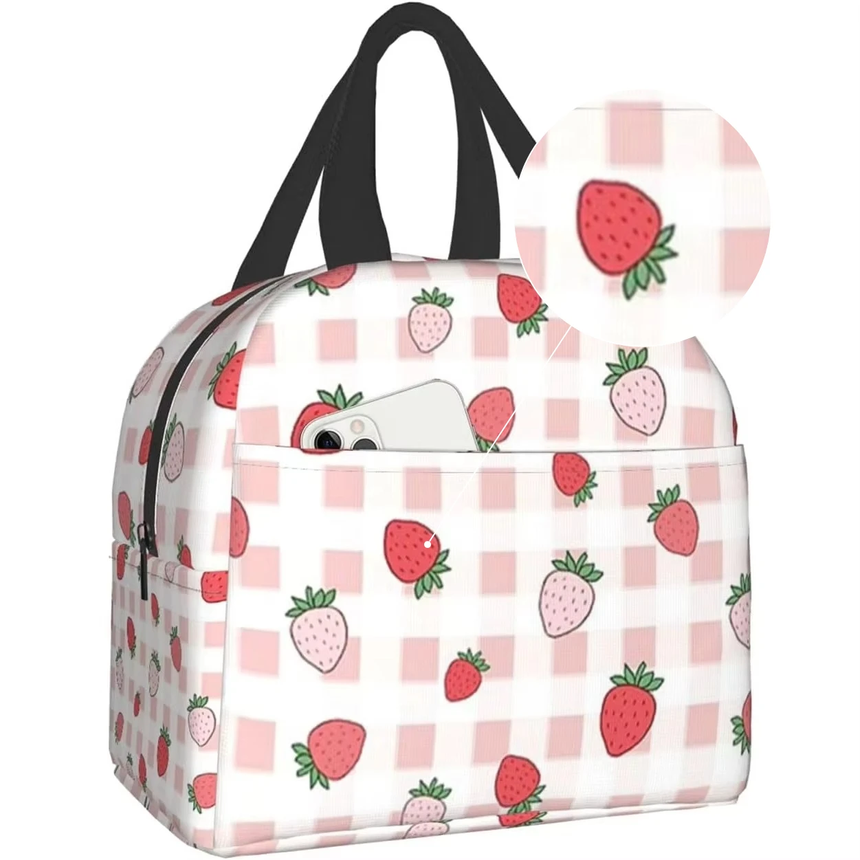 Unisex Pretty Pink Strawberry Lunch Bag, Durable Oxford Cloth with Aluminum Foil Insulation, Waterproof and Reusable