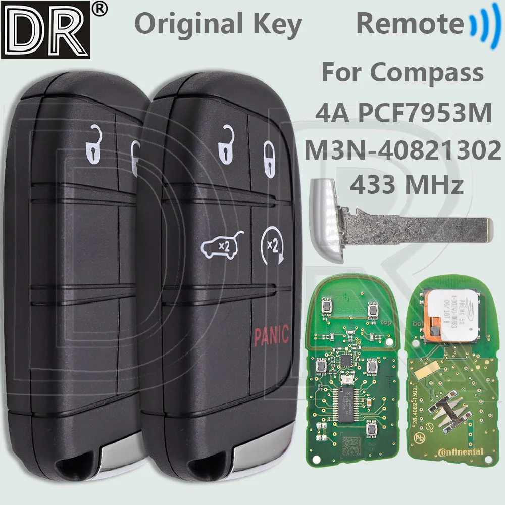 

DR Original 4A PCF7953M Chip 433MHz Proximity Smart Card SIP22 Blade Car Remote Key M3N-40821302 For Jeep Compass 2017-2020