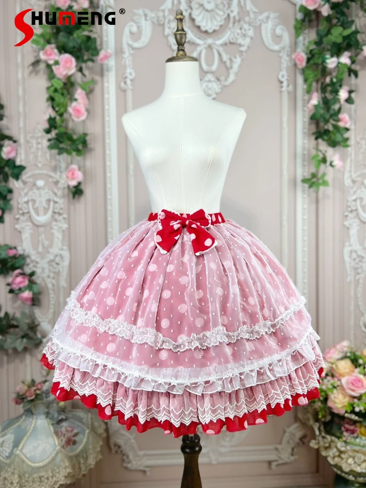 

Original Lolita Sweet SK Short Skirt Candy Color Lace Chiffon Patchwork Mesh Bow Big Dot Elastic High Waist Skirts for Women