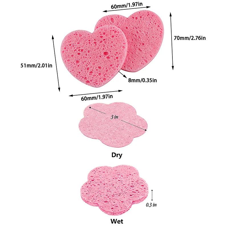 10pcs Estheticians Compressed Cosmetic Heart/Flower Shaped Cleansing Water Absorption Wood Pulp Pads Puff Facial Sponges Washing