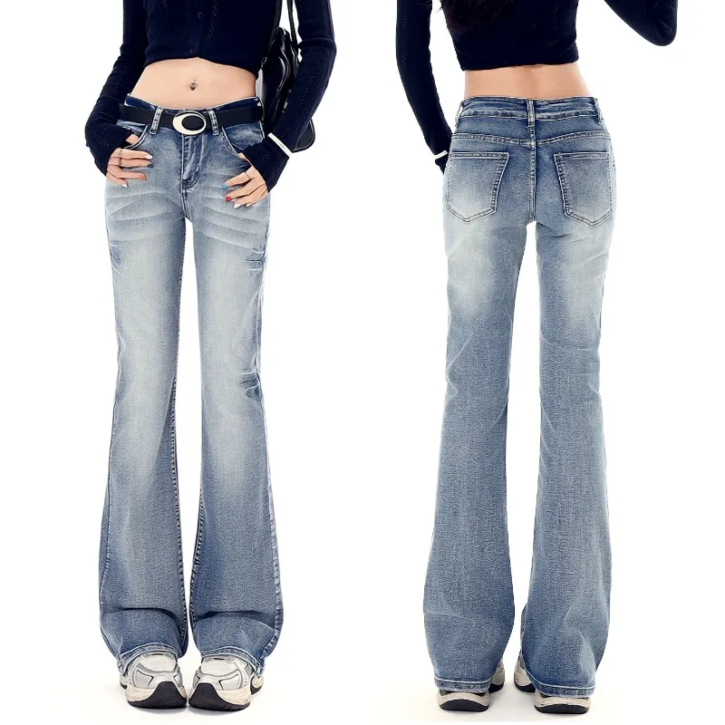 New Womens Low Rise Narrow Straight Leg Jeans American Stretch Slimming Micro Flare Casual Denim Trousers