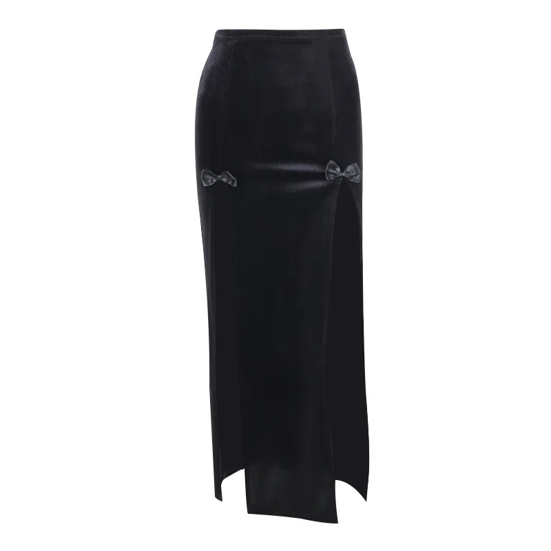 Vintage czarne aksamitne sukienka Maxi z rozcięciem spódnice estetyczne seksowne kokardki z wysokim stanem Bodycon długa spódnica elegancka dziewczyna Punk ubrania