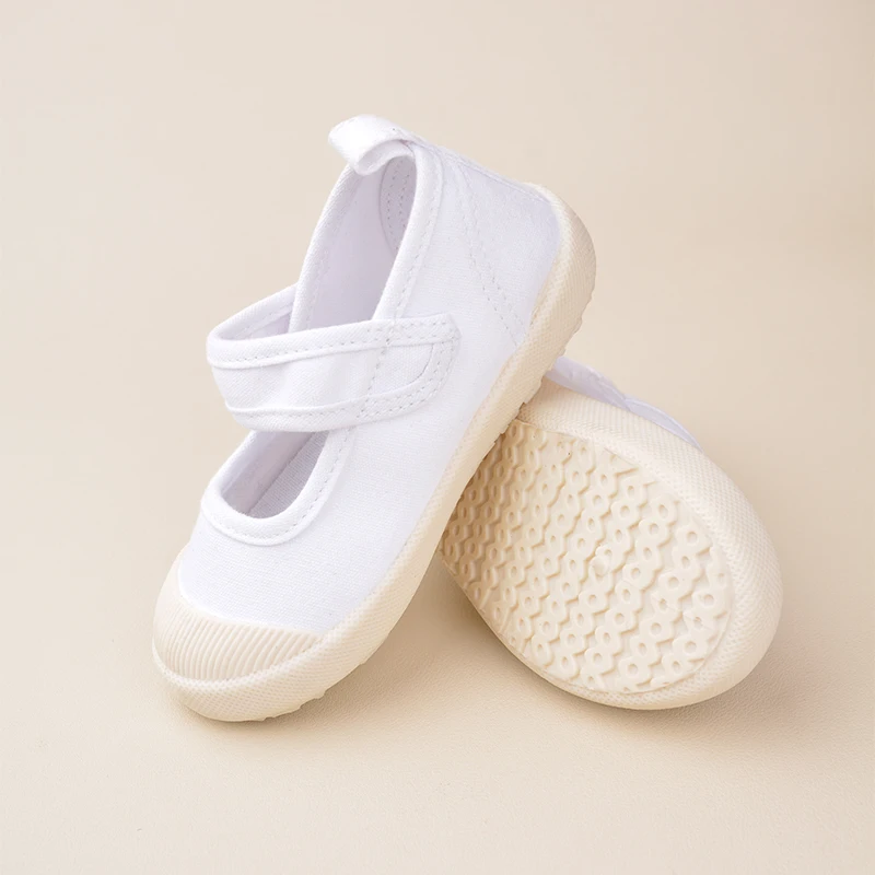 Little Girls\' Spring Outdoor Blank White Canvas Sneakers Toddlers Comfortable Non-Slip Slip-on Casual Walking Shoes EY8280J