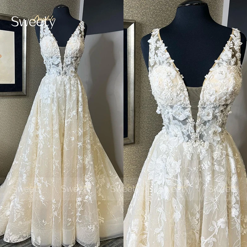 Robe de Mariée de Luxe en Organza avec Broderie de Fleurs 3D, Tenue de Bal Trapèze, Col en V, Dos aux, pour Jardin