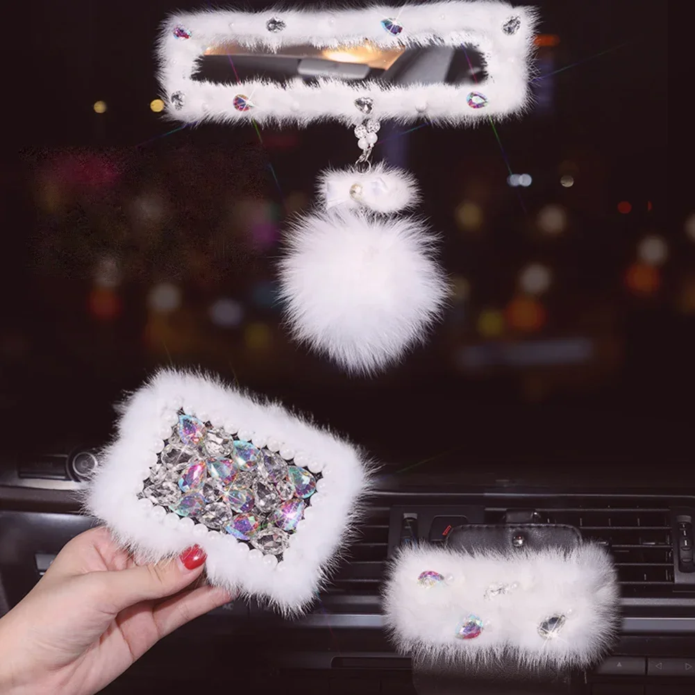 Furry Auto Car Decoration Set Rear View Mirror Cover Hanging Decoration Air Vent Storage Bag & Driver's License Bag & Key Bag