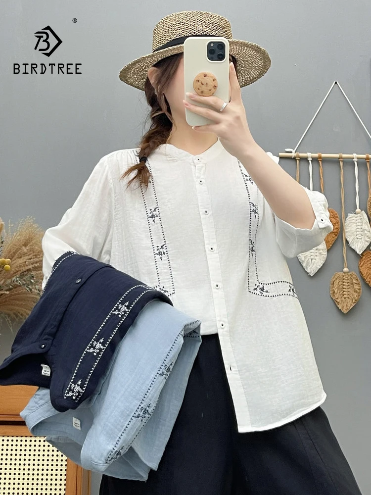 

Новая летняя женская блузка из хлопковой пряжи с рукавом 3/4, вышивкой и воротником-стойкой, в стиле Mori Girl, повседневная, в японском стиле, тонкая, свободного кроя T64355CC