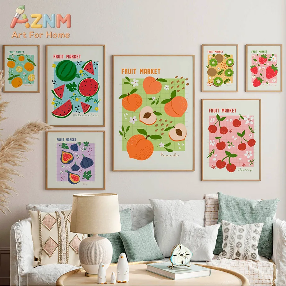 AZNM Fruit Market Canvas Wall Art Colorful Strawberry Lemon Fig Banana Illustration Picture Kitchen Unframed Canvas Home Decor P