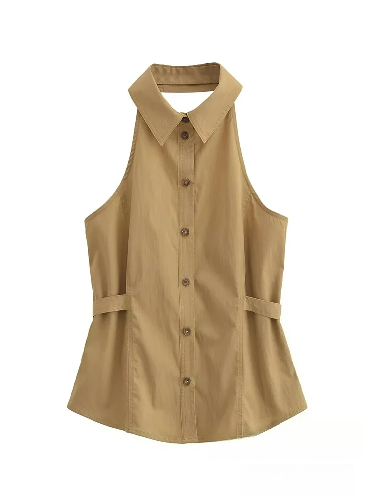 

KONDALA Vintage Sexy Chic Women Halter Tops Solid Single Breasted Backless Sleeveless Short Vest Fashion 2024 Spring Summer Tops