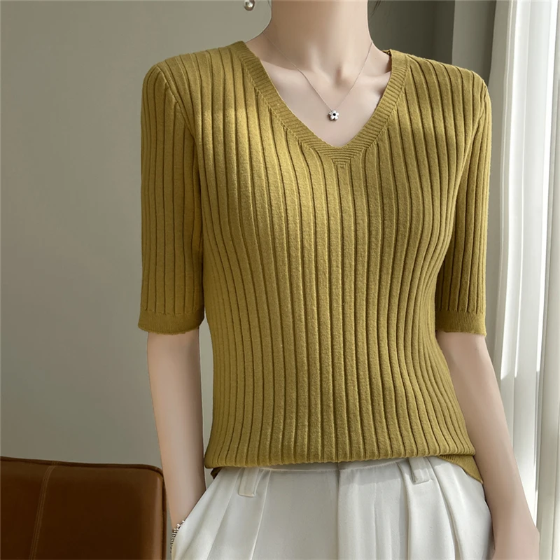 V-neck Pullover Cashmere Short sleeve Sweater Women Casual Knitted Tops Female Short sleeve Cashmere sweater  Fashion