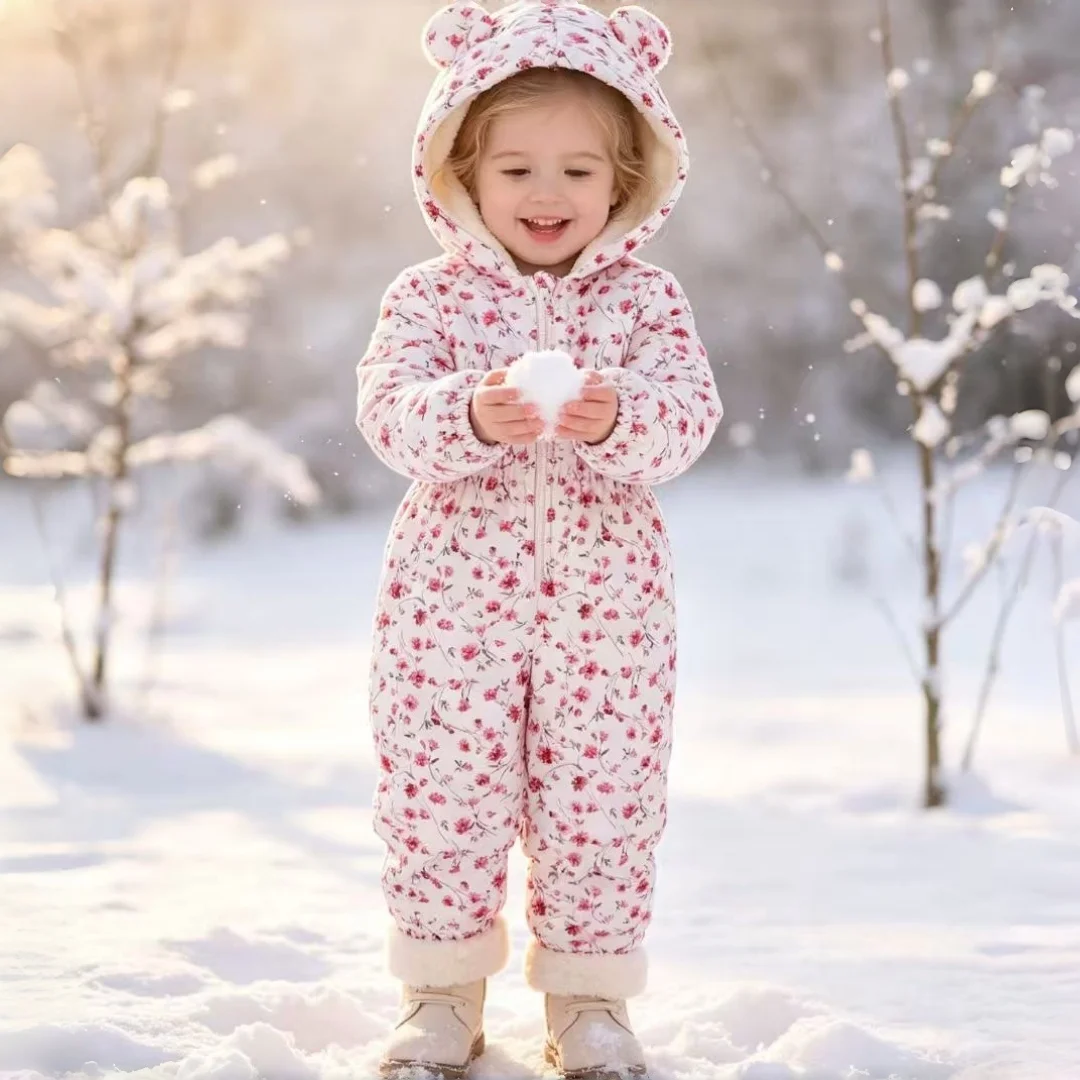 Kids Girls' Autumn/Winter Zipper Hooded Jumpsuit Children Clothes Cute Bunny Ear Floral Print Warm Clothing For Outdoor