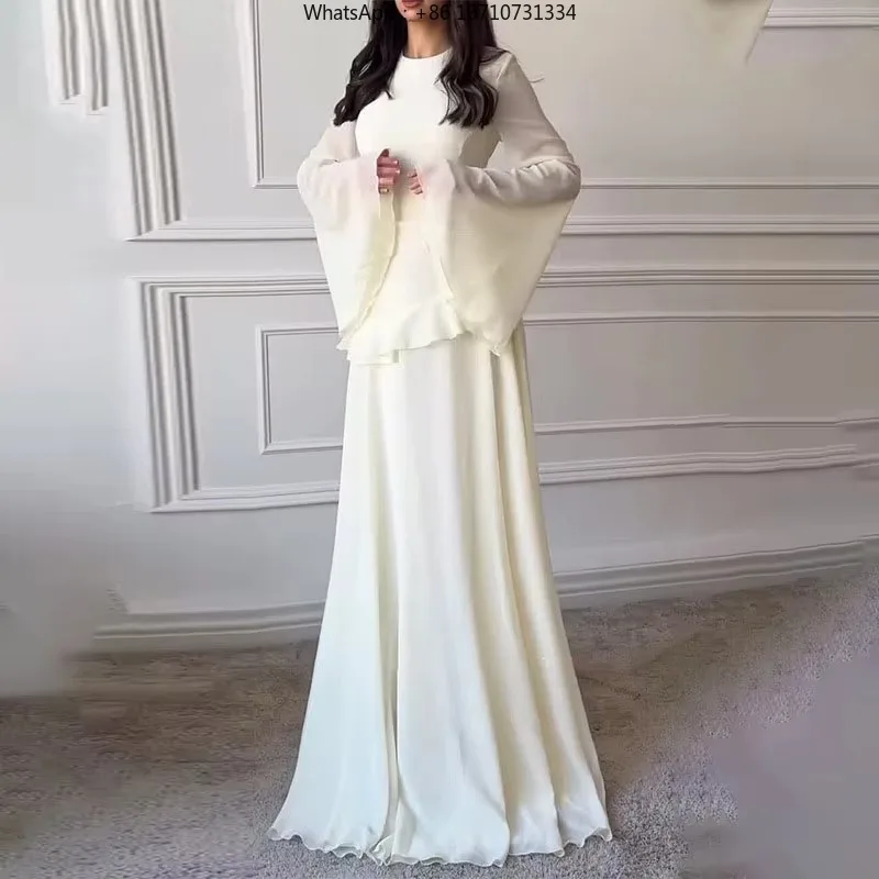 Robes for Woman Elegant O Neck Solid Ruffles Party Pleated Dress Spring Autumn Flare Sleeve Tie-up Slim Female Clothing Vestidos