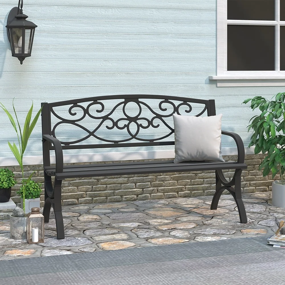 High Back Outdoor Metal Garden Bench Steel Loveseat Park Bench Weather-Resistant Durable Easy to Clean Armrests Slatted Seating