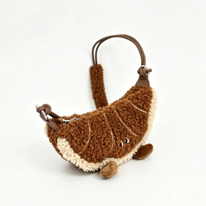 Brown Moon Eyes Cute Plush Croissant Maillard color Fleece Cartoon Crossbody Shoulder Bag Winter Crescent Purse for girls women