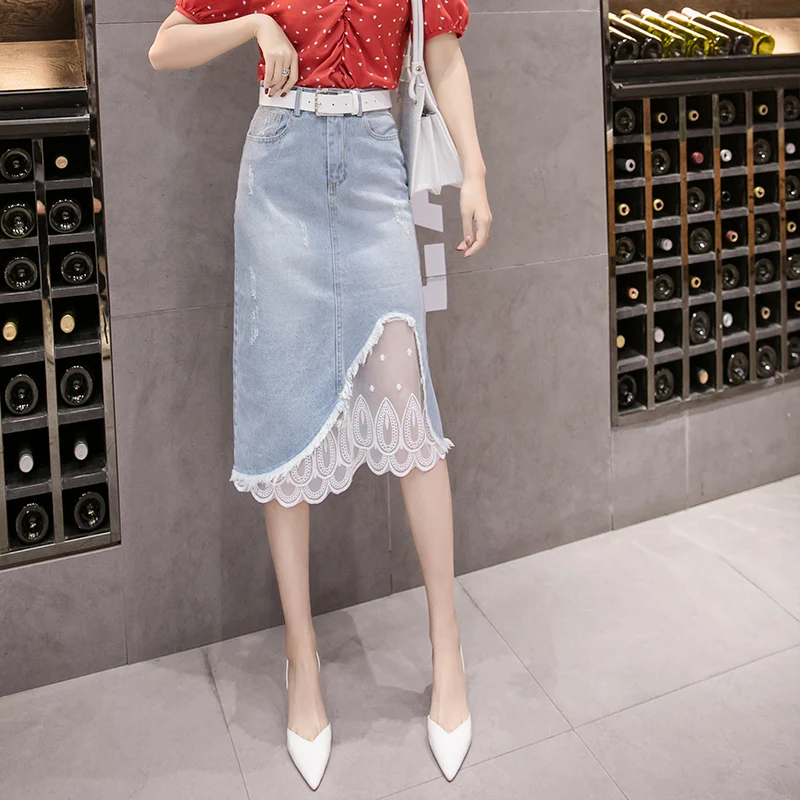 Ladies Mesh Splicing Fur-lined Denim Skirt Women Casual Asymmetric High Waist Jeans Skirts Girls New Fashion Clothing PAY5518 2