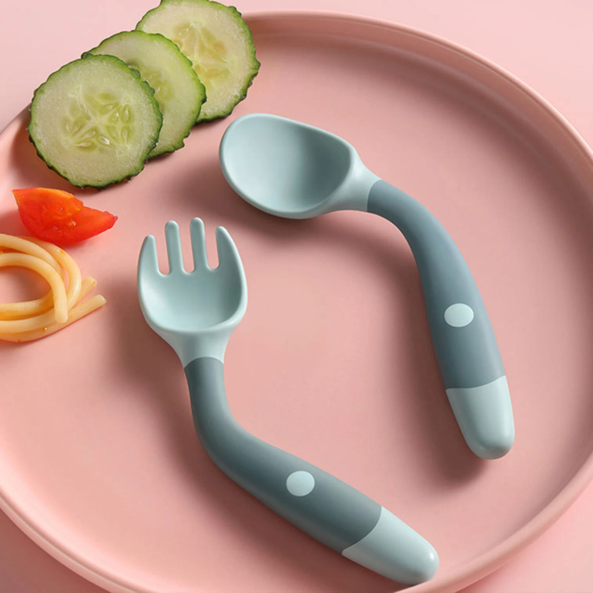 Juego de utensilios de cuchara de silicona para bebé, comida auxiliar para niños pequeños, aprender a comer, entrenamiento flexible, tenedor suave,