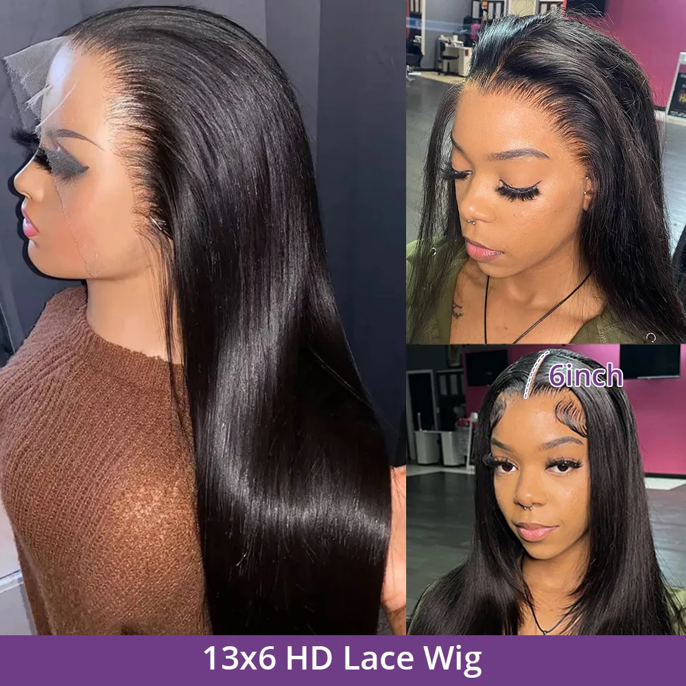 Perruque Lace Front Wig lisse brésilienne naturelle, cheveux humains, pre-plucked, HD, 13x6, 30/40 pouces, pour femmes