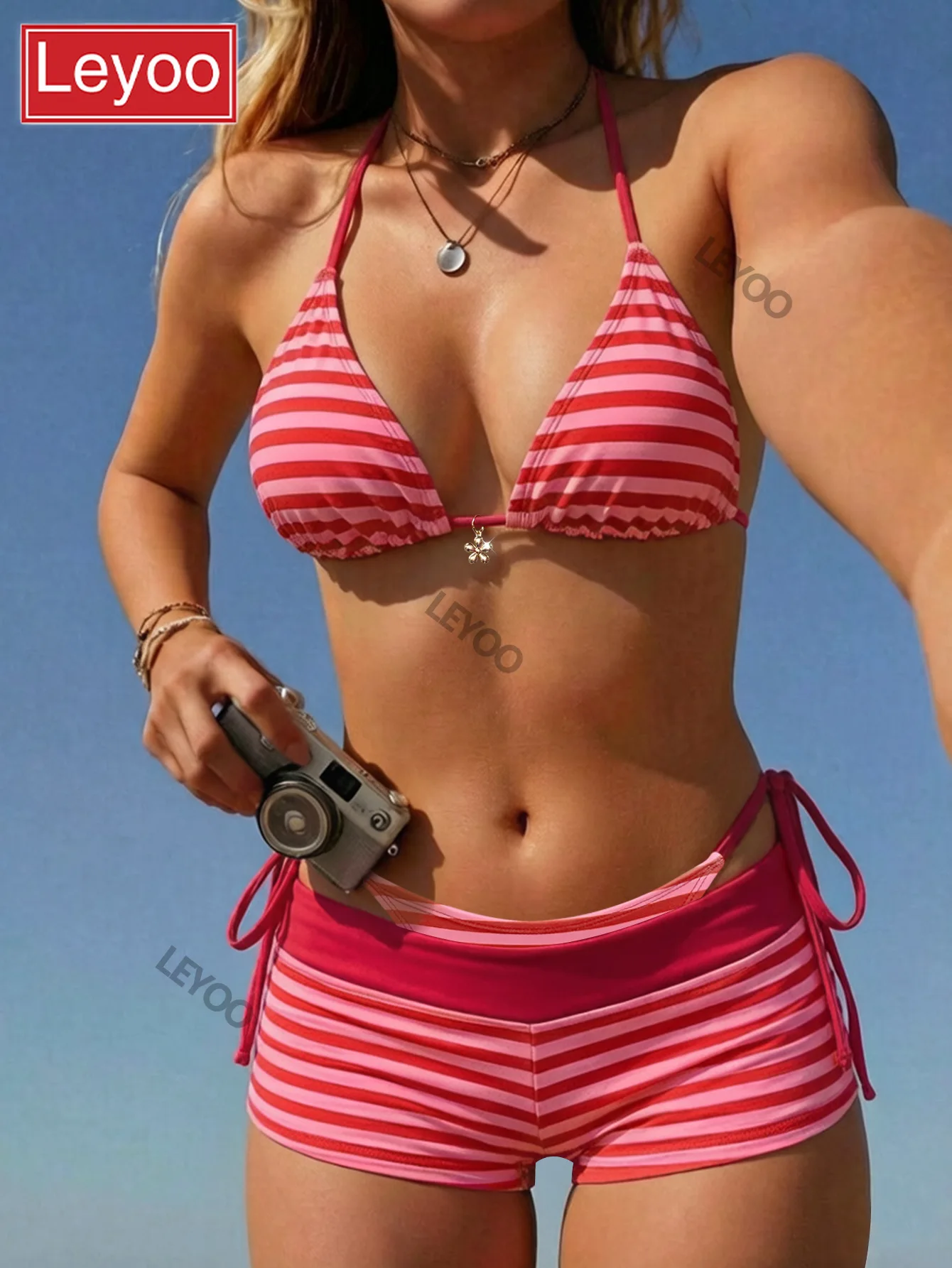 

Women's bikini three piece set pink backless beach vacation striped hanging neck strap triangle shorts swimsuit 2026 new item
