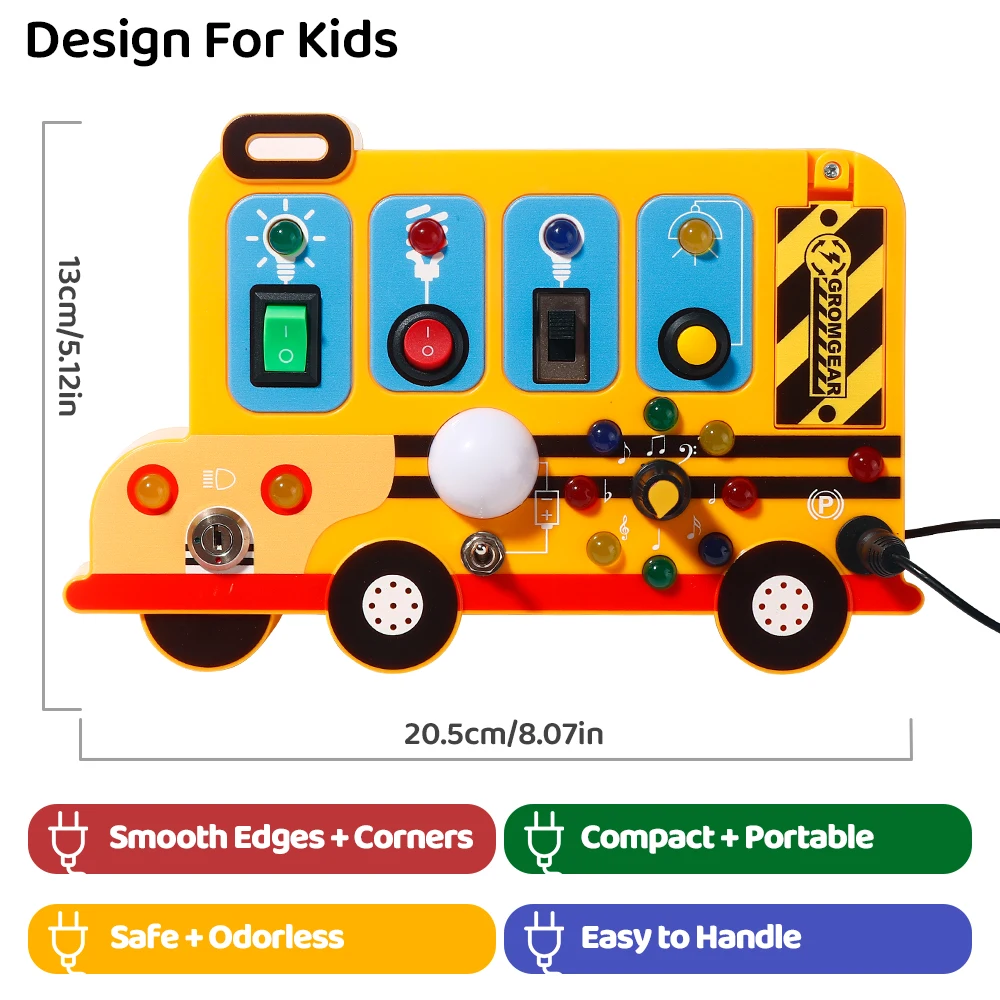 School Bus Busy Board Toy with 9 Switches, LED Electronic Switch Simulator Training Educational Toy, Sensory Development Toy