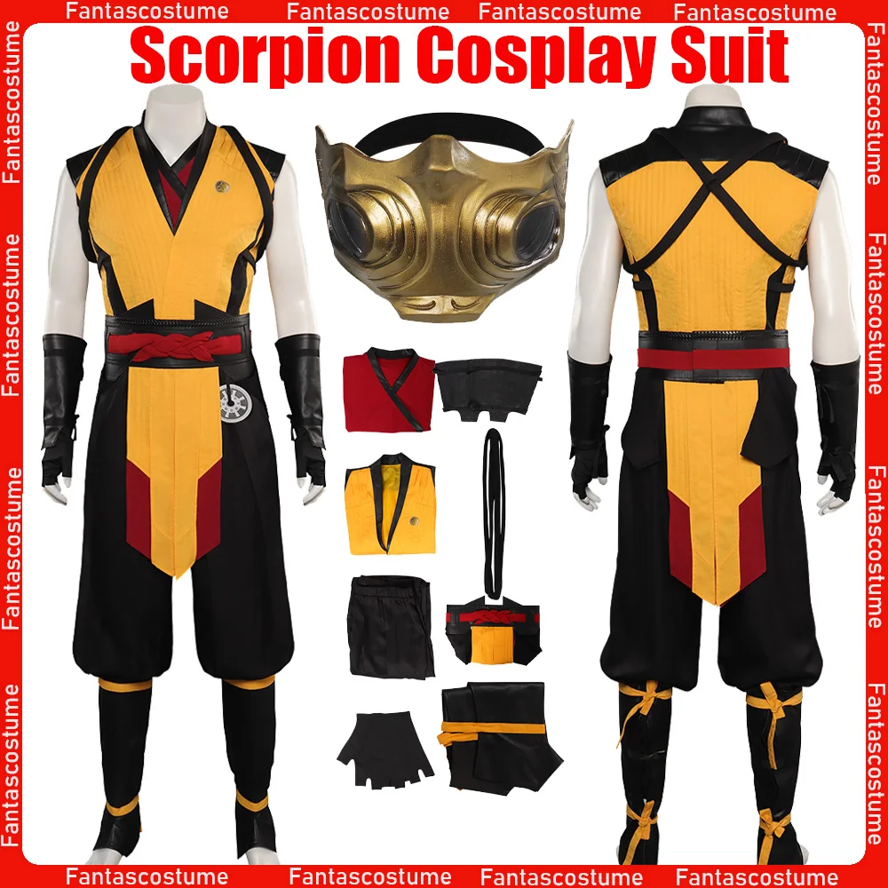 Scorpion Cosplay Costume Mask Game Mortal Roleplay Kombat Clothing Vest Pants Belt Male Men Halloween Carnival Party Adult Suit