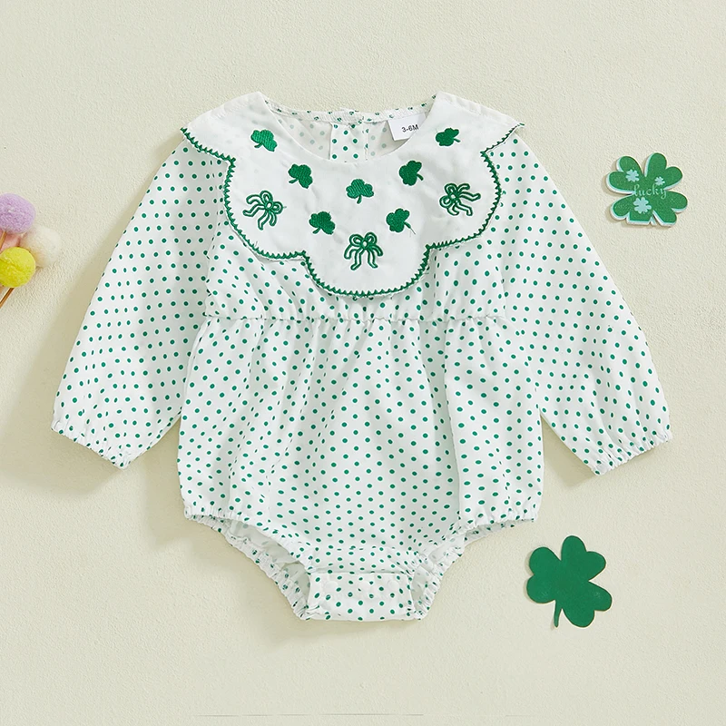 St. Patrick's Day Spring Newborn Baby Girl Casual Rompers Clothes Shamrock Embroidery Long Sleeve Dots Print Jumpsuits Playsuits