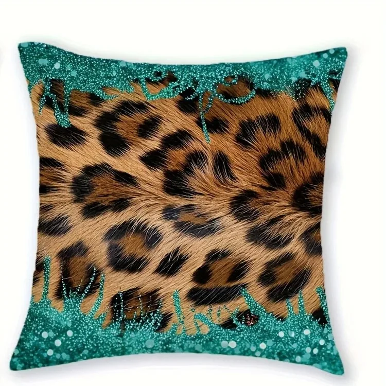 

Teal Glitter Leopard Pillowcase 2D Flat Printed Peach Skin Cheetah Pillow Cover for Living Room Sofa Couch Exotic Home Decor