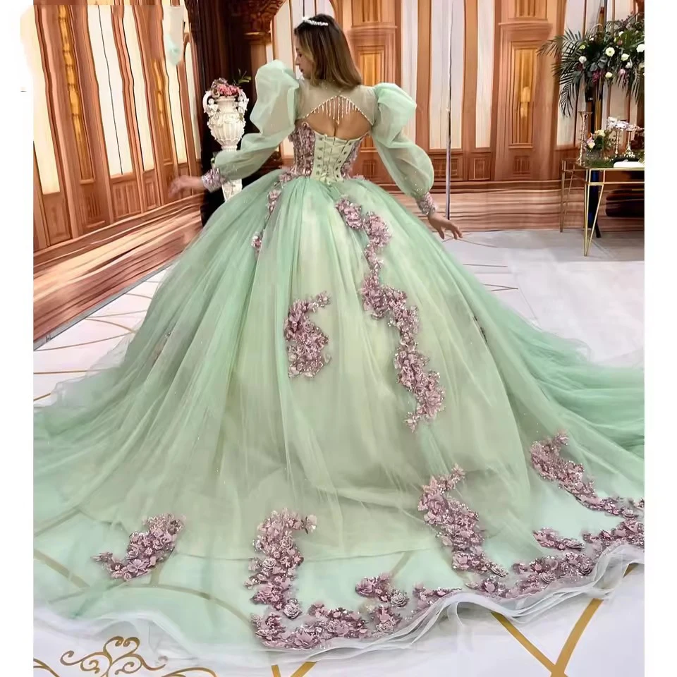 Customized Sage Green Tulle Ball Gown Quinceanera Dress With Jackets Lace Appliqued Sweet 15 Dress Vestido De 15 Quinceañera