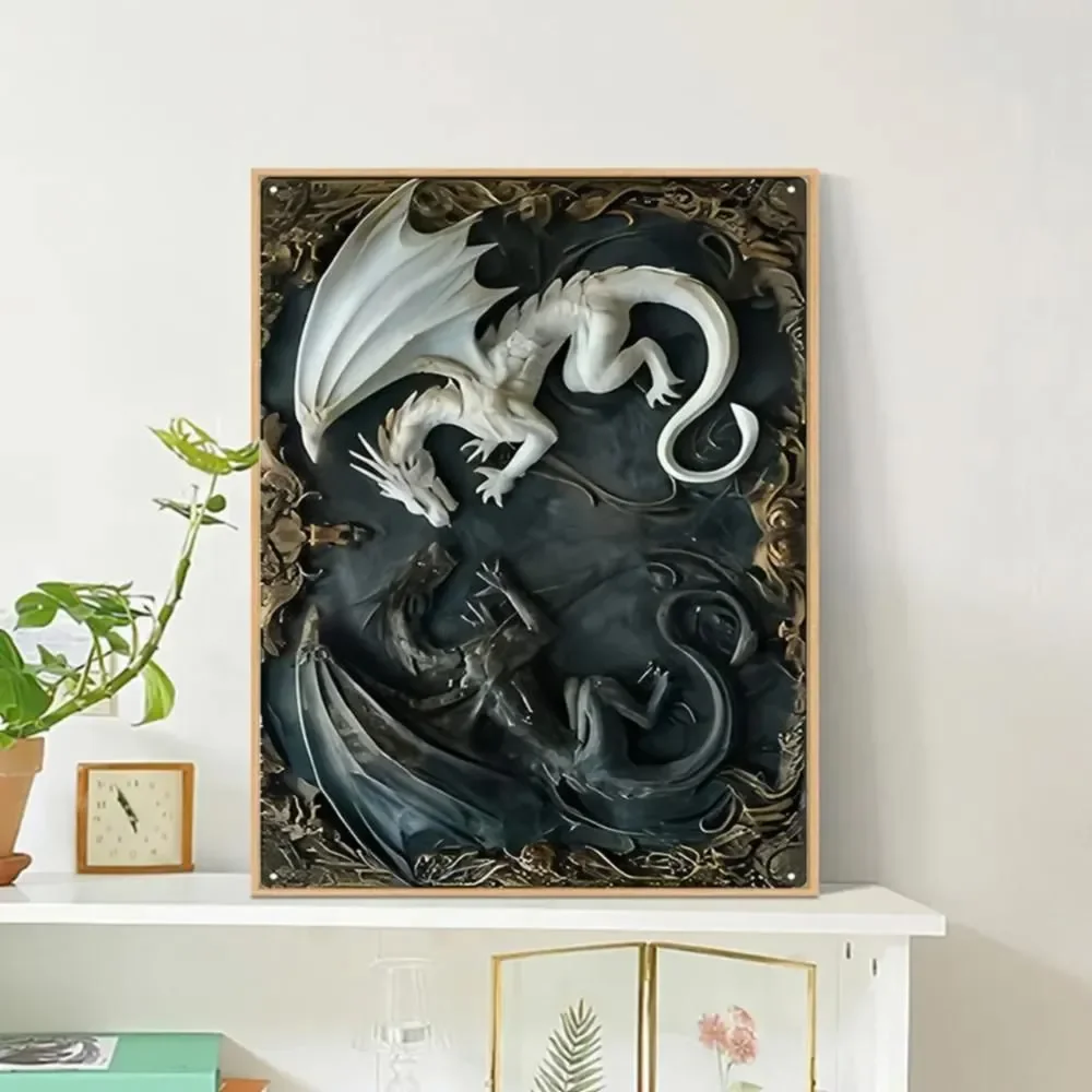 Yin Yang Black And White Dragon Embossed Style Tin Sign - Vintage Durable Metal Plaque Wall Decor, Home Office Bar Man Cave Wall