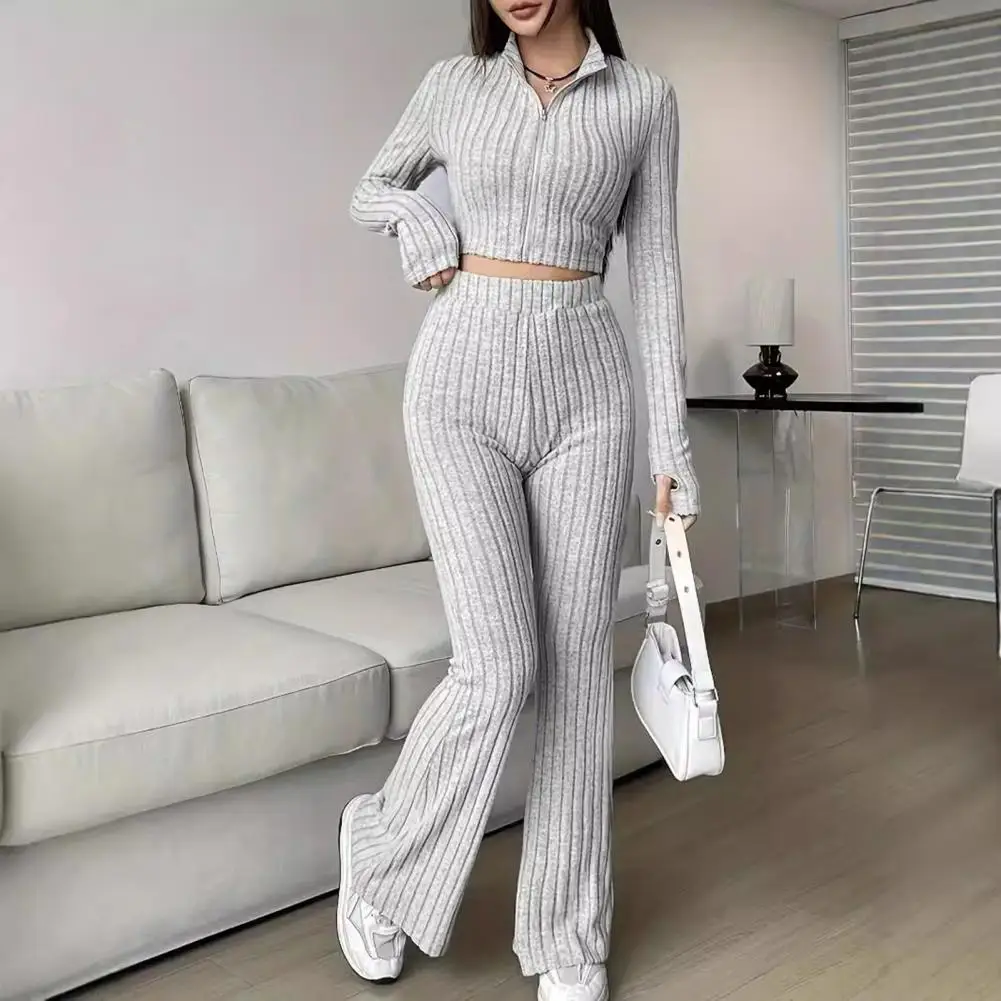 

Women Two-piece Set Women's Spring Commuting Outfit Flared Pants Set with Zipper Closure Stand Collar Coat High Waist for Wear